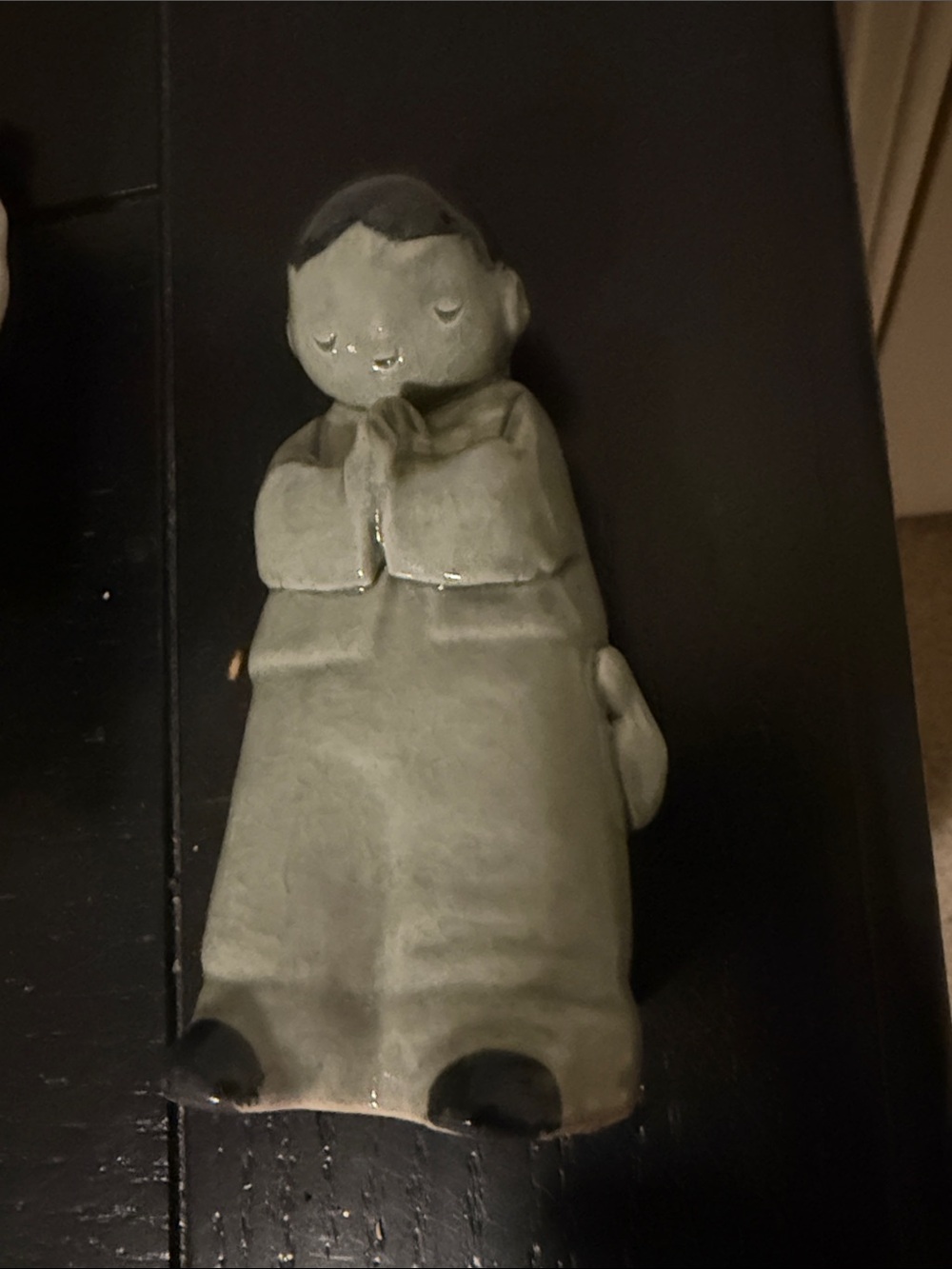 Vintage Ceramic Praying Figurine in Light Gray and Black